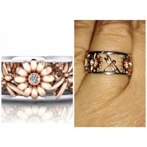 925 S Silver Rose Gold Dragonfly Sunflower Ring